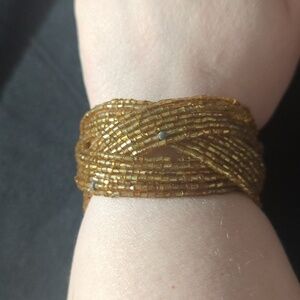 Gold Yellow Tone Beaded Plaited Flex Cuff Statement Bracelet
